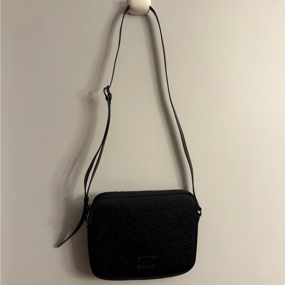 Michael Kors Black Embossed MK Nylon Crossbody (Fits iPad) – Adjustable Strap